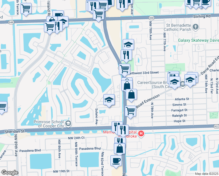 map of restaurants, bars, coffee shops, grocery stores, and more near 3408 Northwest 82nd Drive in Pembroke Pines