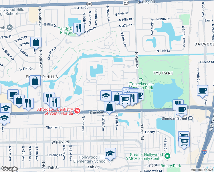 map of restaurants, bars, coffee shops, grocery stores, and more near 3602 Atlanta Street in Hollywood