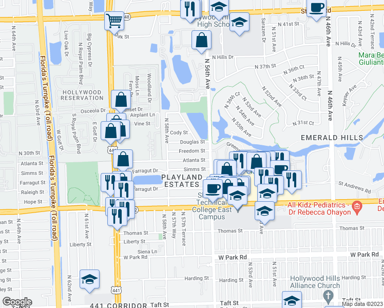 map of restaurants, bars, coffee shops, grocery stores, and more near 5636 Forrest Street in Hollywood