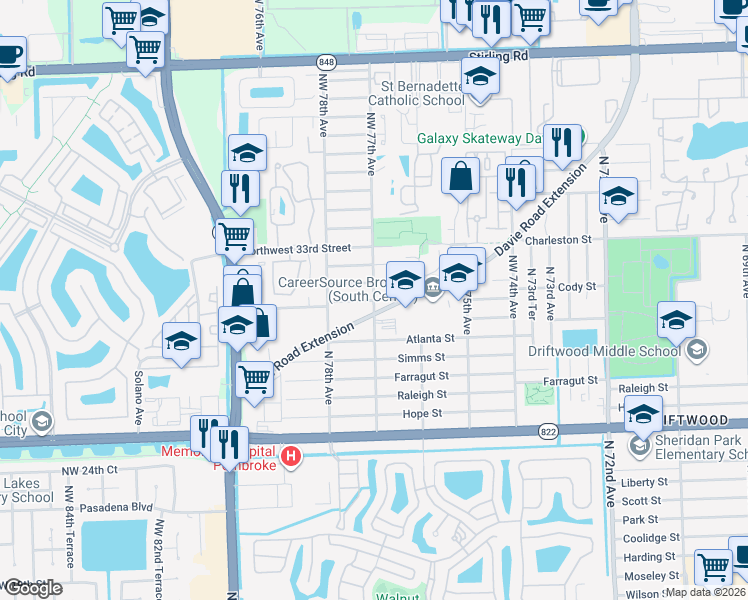 map of restaurants, bars, coffee shops, grocery stores, and more near 7690 Northwest 31st Street in Hollywood