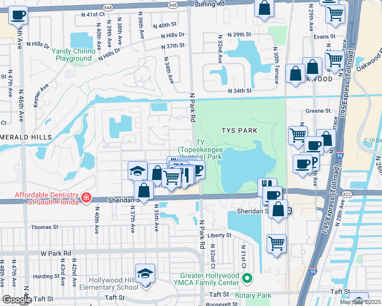 map of restaurants, bars, coffee shops, grocery stores, and more near 2906 North 33rd Terrace in Hollywood