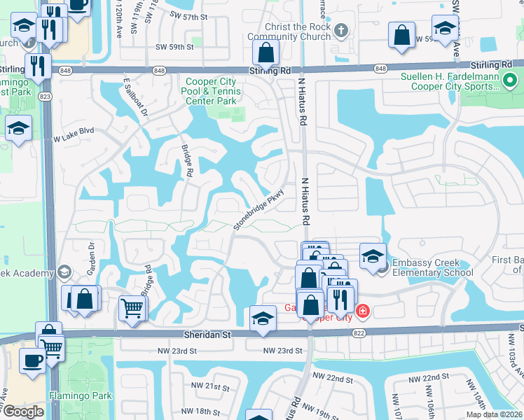 map of restaurants, bars, coffee shops, grocery stores, and more near 11700 Stonebridge Parkway in Hollywood