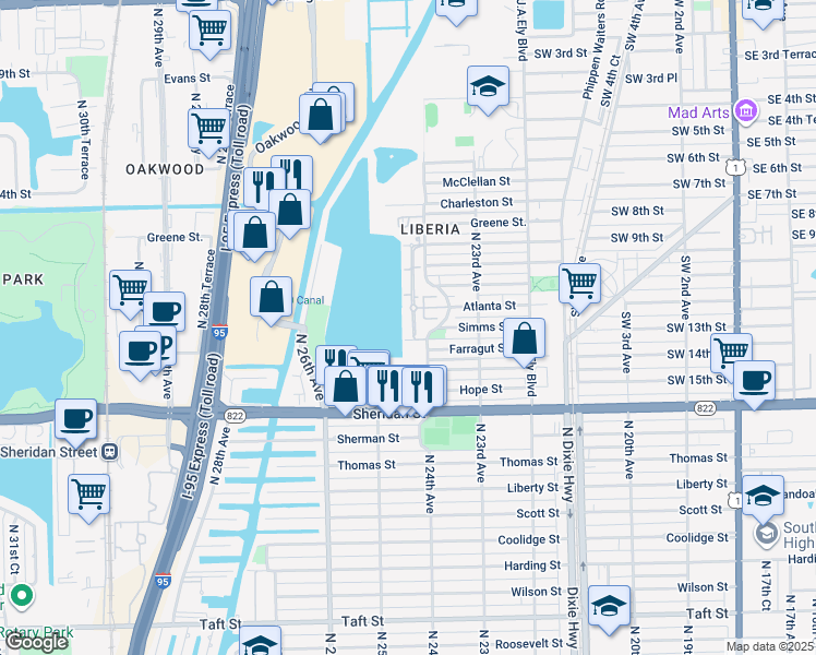map of restaurants, bars, coffee shops, grocery stores, and more near 2900 North 24th Avenue in Hollywood