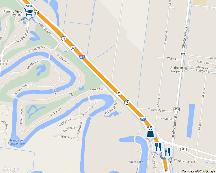 map of restaurants, bars, coffee shops, grocery stores, and more near Frontage Rd in Olmito