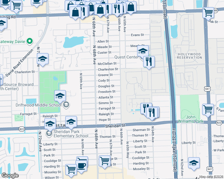 map of restaurants, bars, coffee shops, grocery stores, and more near 6711 Douglas Street in Hollywood