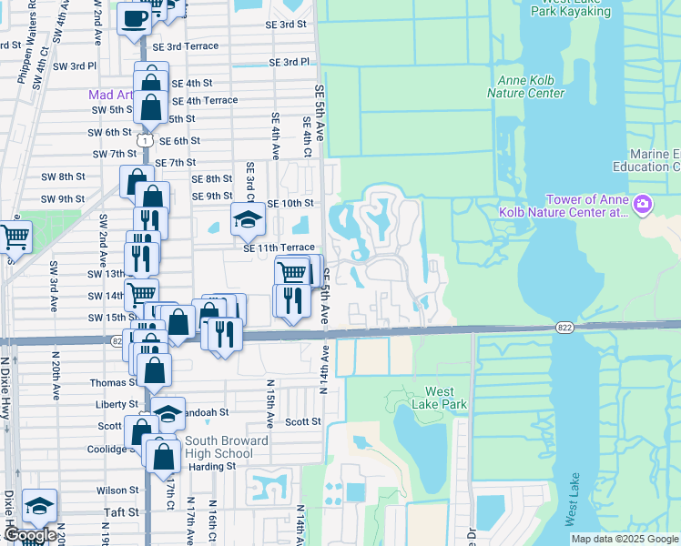 map of restaurants, bars, coffee shops, grocery stores, and more near 1125 Southeast 5th Court in Dania Beach