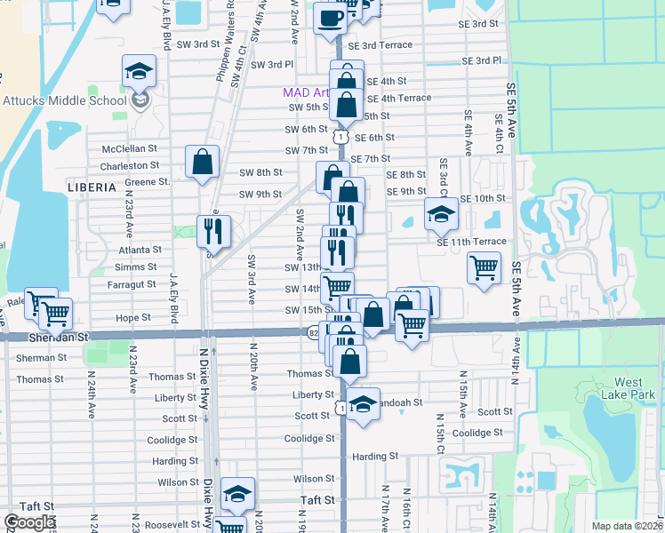 map of restaurants, bars, coffee shops, grocery stores, and more near 1212 South Federal Highway in Dania Beach