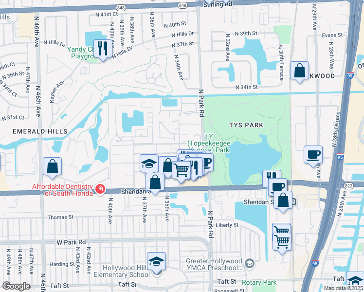 map of restaurants, bars, coffee shops, grocery stores, and more near 3345 Atlanta Street in Hollywood