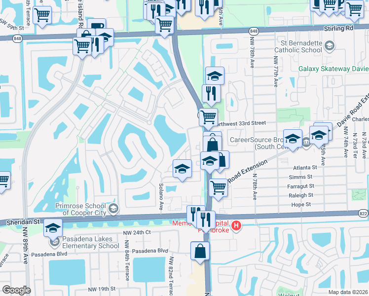 map of restaurants, bars, coffee shops, grocery stores, and more near 3408 Northwest 82nd Drive in Pembroke Pines