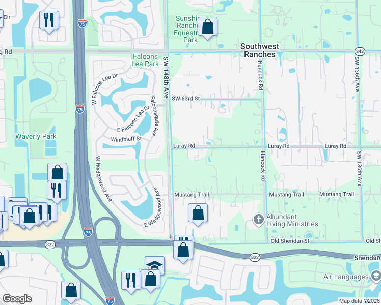map of restaurants, bars, coffee shops, grocery stores, and more near 14630 Luray Road in Southwest Ranches