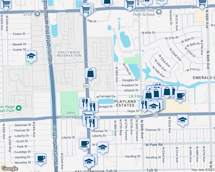 map of restaurants, bars, coffee shops, grocery stores, and more near Randolph Clay Drive in Hollywood