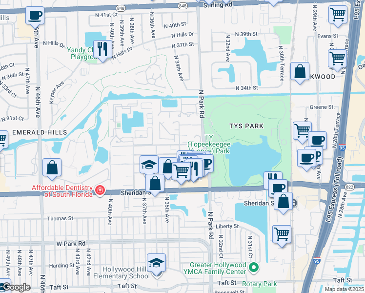 map of restaurants, bars, coffee shops, grocery stores, and more near 2801 North 34th Avenue in Hollywood