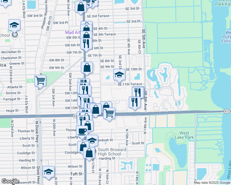 map of restaurants, bars, coffee shops, grocery stores, and more near 330 Southeast 11th Terrace in Dania Beach