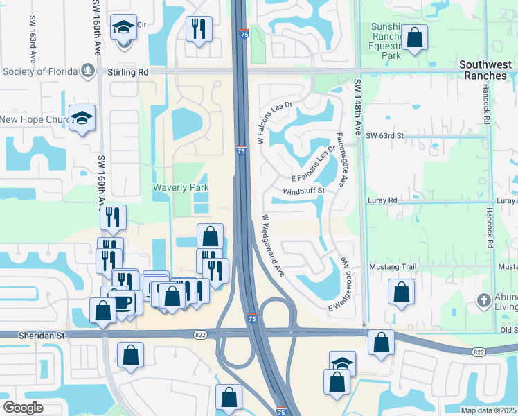 map of restaurants, bars, coffee shops, grocery stores, and more near 6661 West Wedgewood Avenue in Davie