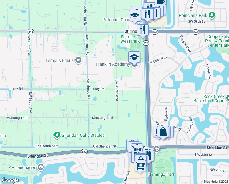 map of restaurants, bars, coffee shops, grocery stores, and more near 6601 Appaloosa Trail in Southwest Ranches