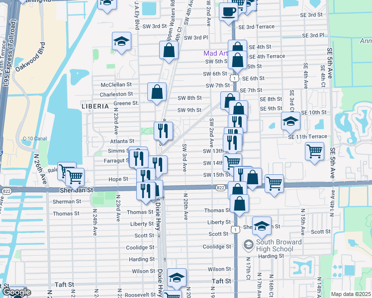 map of restaurants, bars, coffee shops, grocery stores, and more near 307 West Dixie Highway in Dania Beach