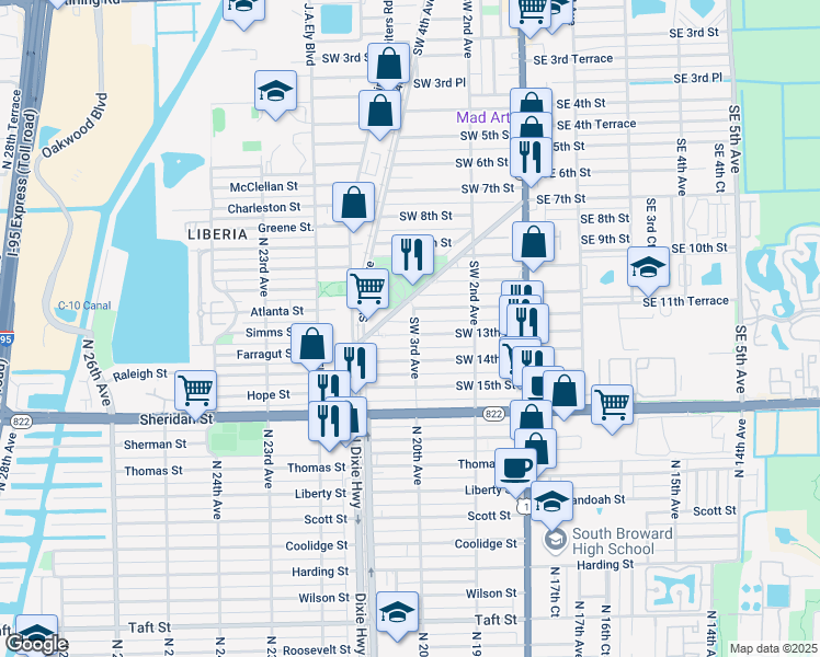 map of restaurants, bars, coffee shops, grocery stores, and more near 307 West Dixie Highway in Dania Beach