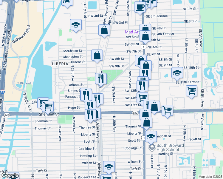 map of restaurants, bars, coffee shops, grocery stores, and more near 307 West Dixie Highway in Dania Beach