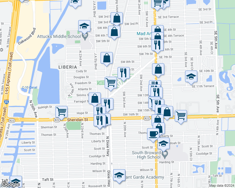 map of restaurants, bars, coffee shops, grocery stores, and more near 307 West Dixie Highway in Dania Beach