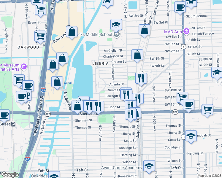 map of restaurants, bars, coffee shops, grocery stores, and more near 2314 Atlanta Street in Hollywood