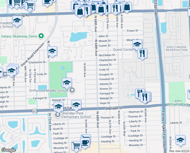 map of restaurants, bars, coffee shops, grocery stores, and more near 6791 Douglas Street in Hollywood