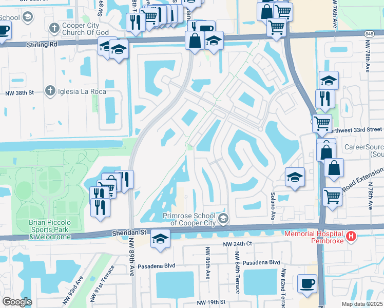map of restaurants, bars, coffee shops, grocery stores, and more near 3500 Northwest 84th Way in Hollywood