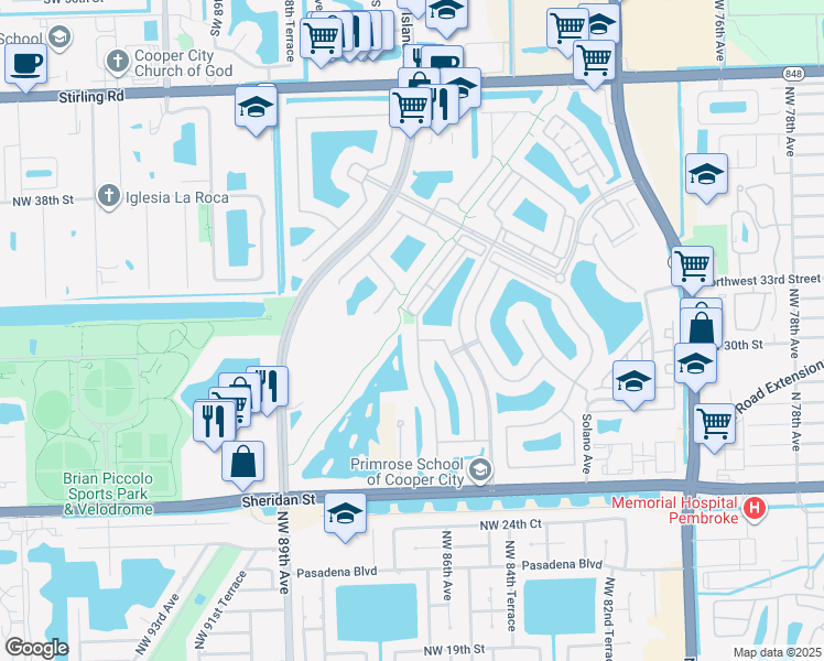 map of restaurants, bars, coffee shops, grocery stores, and more near 3500 Northwest 84th Way in Hollywood