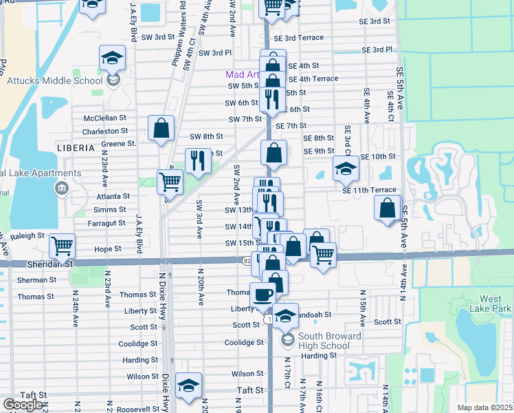 map of restaurants, bars, coffee shops, grocery stores, and more near 1212 South Federal Highway in Dania Beach
