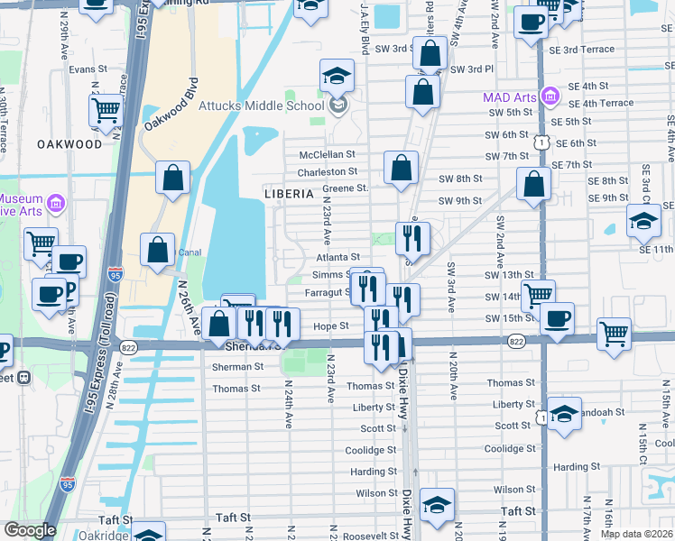 map of restaurants, bars, coffee shops, grocery stores, and more near 2226 Atlanta Street in Hollywood