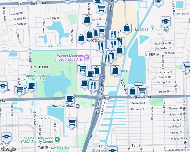 map of restaurants, bars, coffee shops, grocery stores, and more near 3400-3498 North 28th Terrace in Hollywood