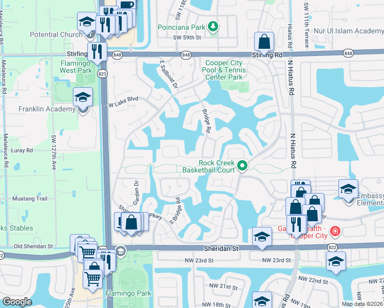 map of restaurants, bars, coffee shops, grocery stores, and more near 11703 South Island Road in Hollywood