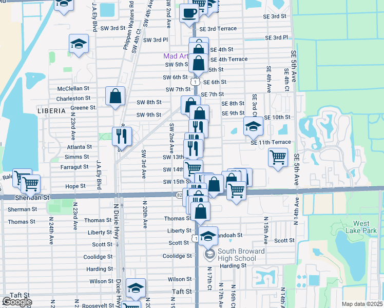 map of restaurants, bars, coffee shops, grocery stores, and more near 1212 South Federal Highway in Dania Beach