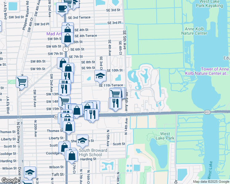 map of restaurants, bars, coffee shops, grocery stores, and more near 442 Southeast 11th Terrace in Dania Beach