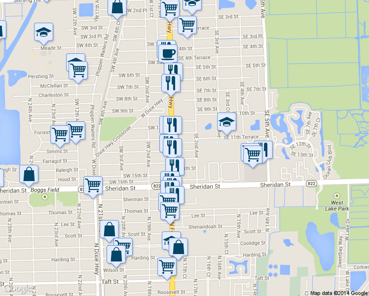 map of restaurants, bars, coffee shops, grocery stores, and more near 35 Southeast 12th Street in Dania Beach