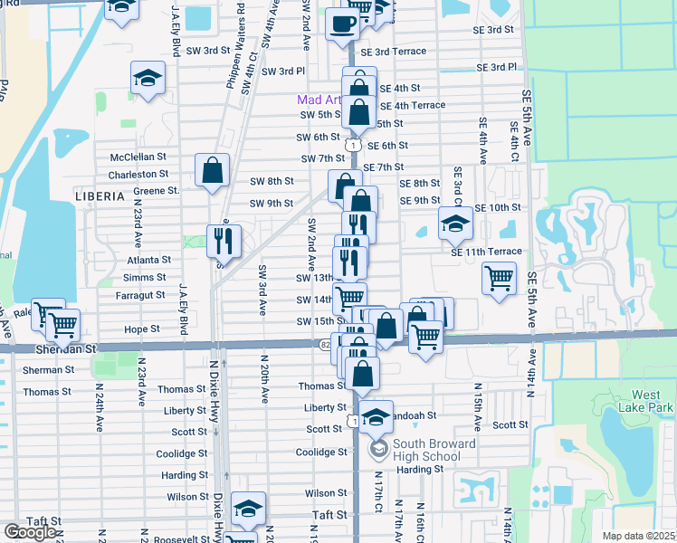 map of restaurants, bars, coffee shops, grocery stores, and more near 1212 South Federal Highway in Dania Beach