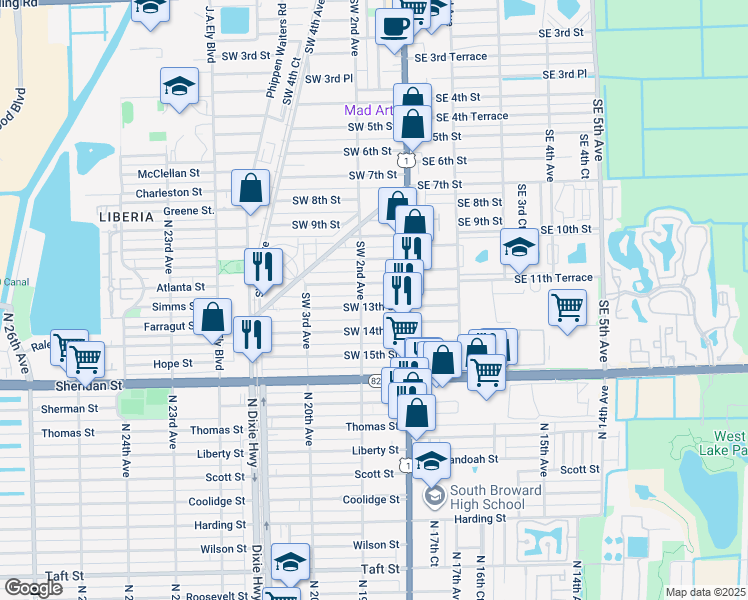 map of restaurants, bars, coffee shops, grocery stores, and more near 55 Southwest 12th Street in Dania Beach