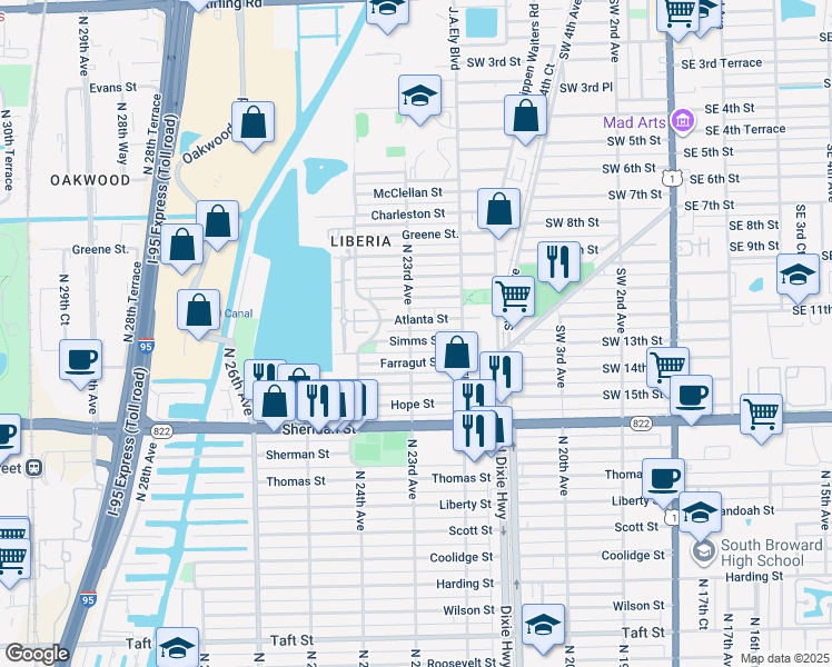 map of restaurants, bars, coffee shops, grocery stores, and more near 2314 Atlanta Street in Hollywood