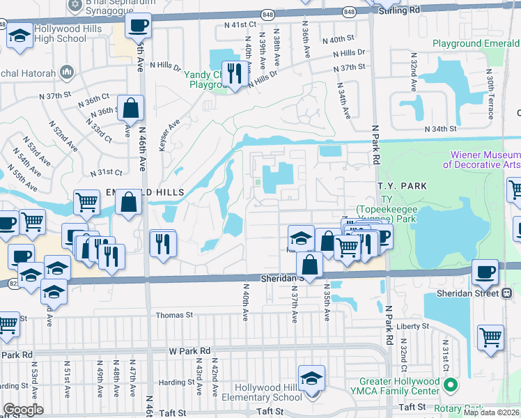 map of restaurants, bars, coffee shops, grocery stores, and more near 3855 Amalfi Drive in Hollywood