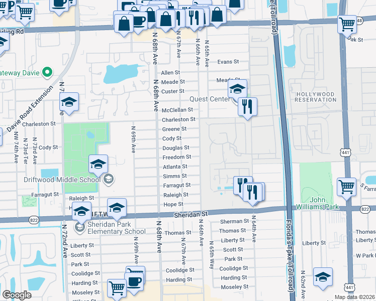 map of restaurants, bars, coffee shops, grocery stores, and more near 6611 Douglas Street in Hollywood