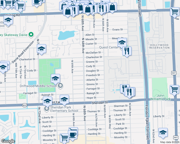 map of restaurants, bars, coffee shops, grocery stores, and more near 6711 Douglas Street in Hollywood