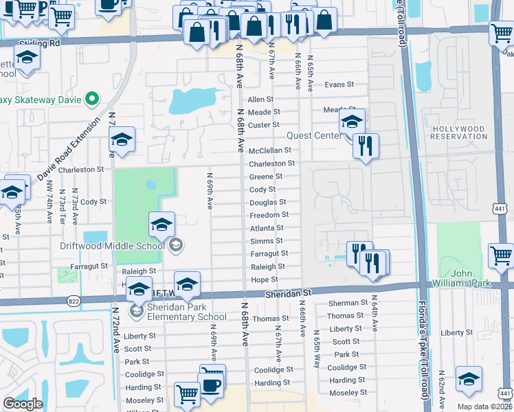 map of restaurants, bars, coffee shops, grocery stores, and more near 6791 Douglas Street in Hollywood
