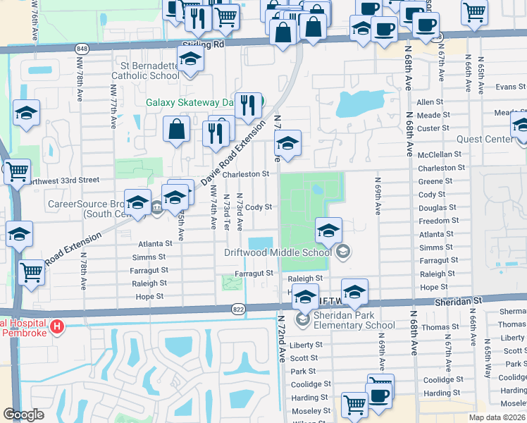 map of restaurants, bars, coffee shops, grocery stores, and more near 3101 North 72nd Terrace in Hollywood