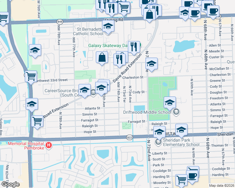 map of restaurants, bars, coffee shops, grocery stores, and more near 3101 Northwest 74th Avenue in Hollywood