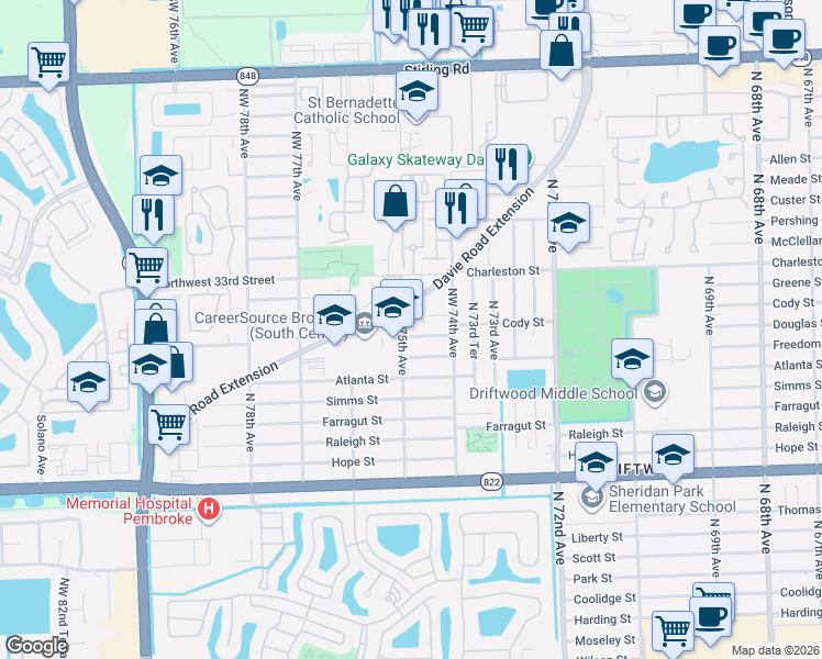 map of restaurants, bars, coffee shops, grocery stores, and more near 7450 Davie Road Extension in Hollywood