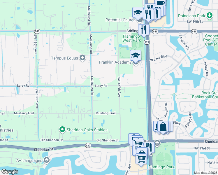 map of restaurants, bars, coffee shops, grocery stores, and more near 12801 Luray Road in Southwest Ranches