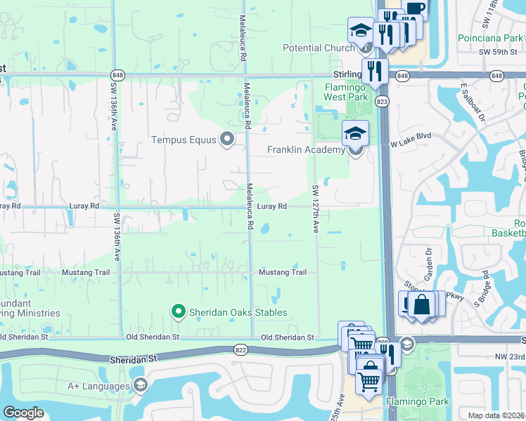 map of restaurants, bars, coffee shops, grocery stores, and more near 6540 Melaleuca Road in Southwest Ranches