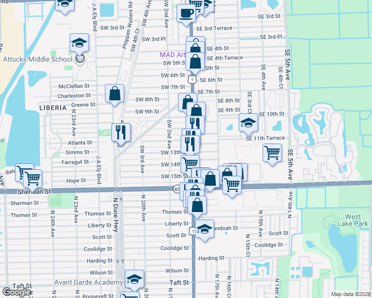 map of restaurants, bars, coffee shops, grocery stores, and more near 1212 South Federal Highway in Dania Beach