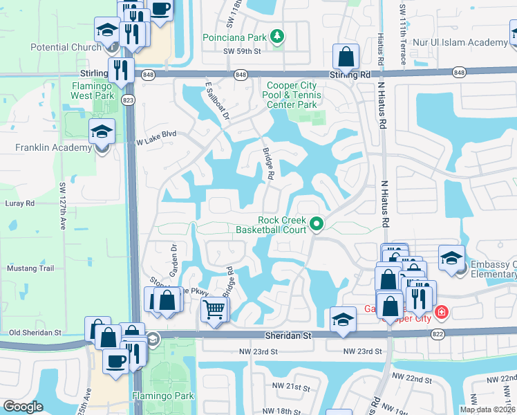 map of restaurants, bars, coffee shops, grocery stores, and more near 11703 South Island Road in Hollywood