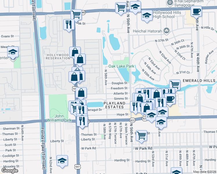 map of restaurants, bars, coffee shops, grocery stores, and more near 5730 North 30th Terrace in Hollywood