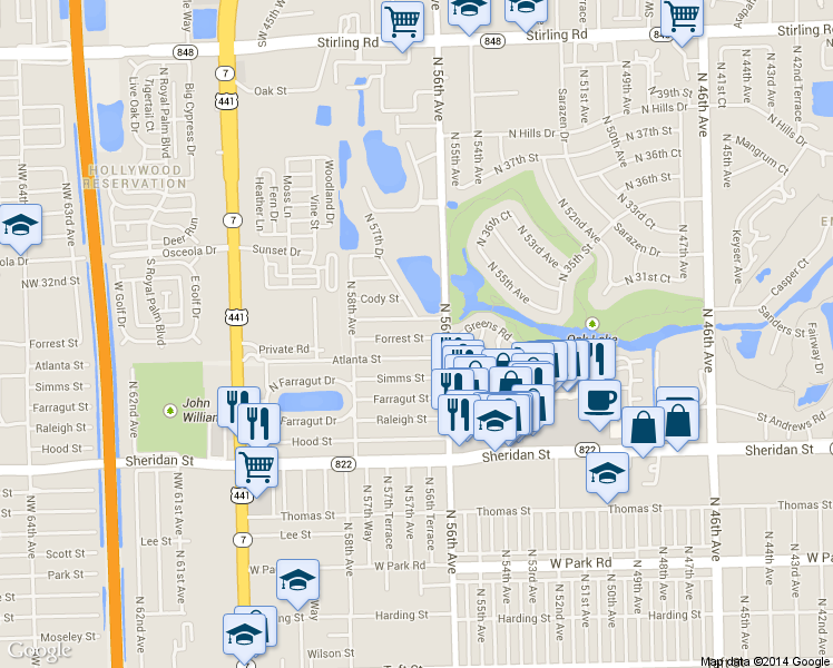 map of restaurants, bars, coffee shops, grocery stores, and more near 5636 Douglas Street in Hollywood